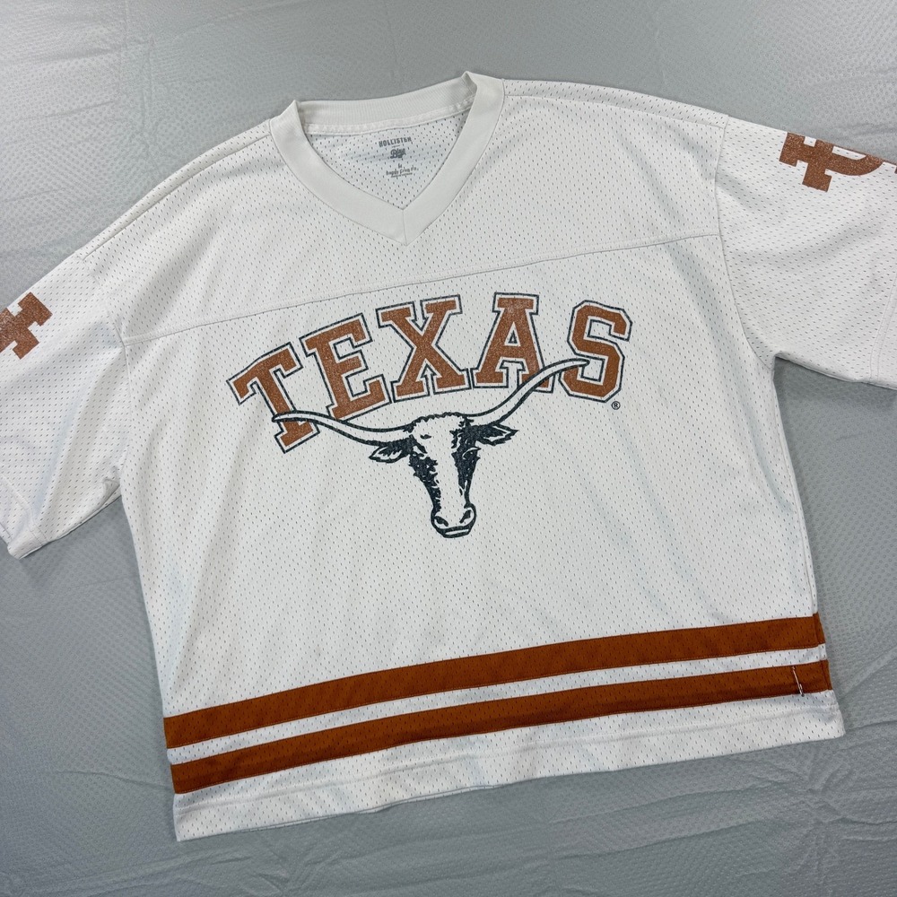 Hollister Texas Longhorns Mesh Jersey Shirt Medium Baggy Crop Fit White Orange